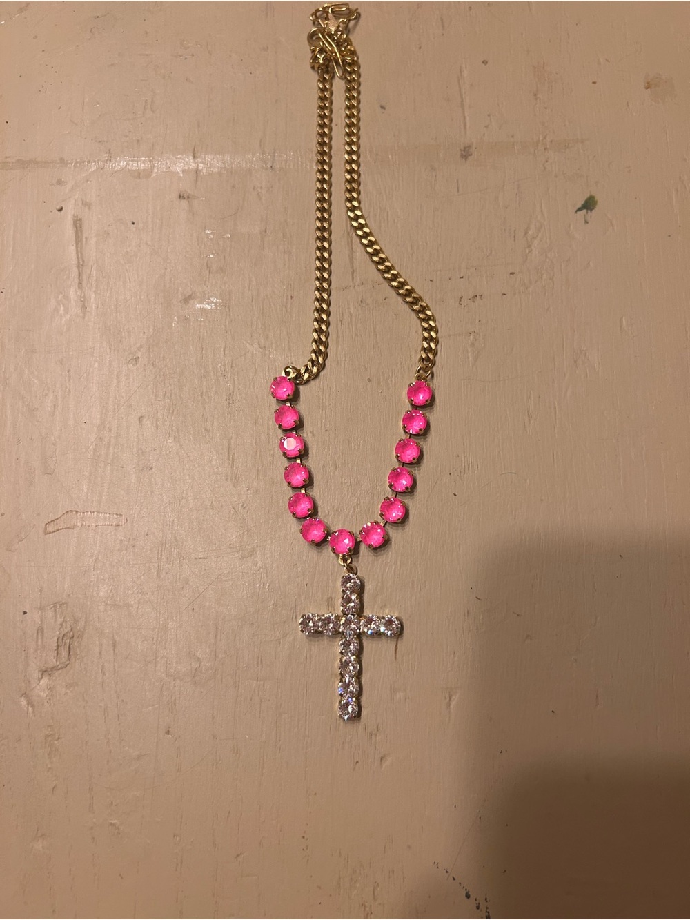 TOVA Sofatella custom necklace in electric pink with clear cross